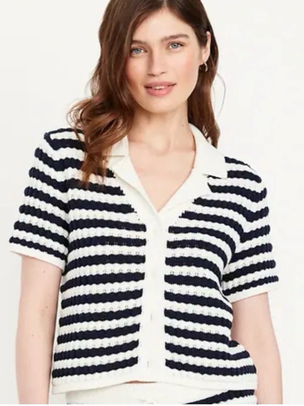 🆕 Old Navy Button-Down Crochet Sweater in Navy and White Stripe Size Large